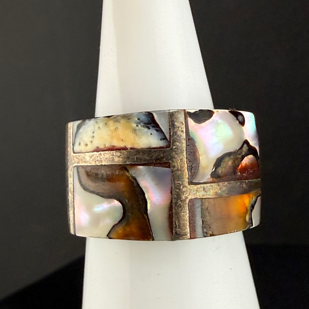 Vintage Sterling Silver Abalone Inlay Wide Cigar Band Ring Chunky Size 11